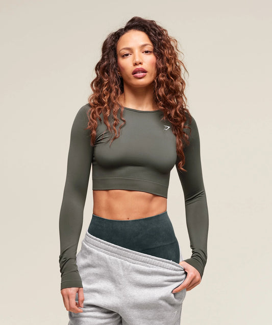 EVERYDAY SEAMLESS LONG SLEEVE CROP TOP - Green